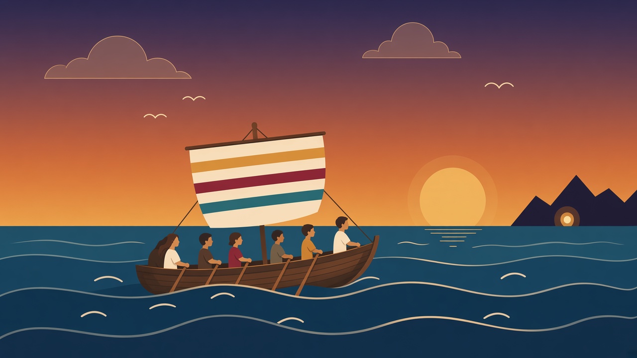 A crew rowing together toward a distant island at sunset